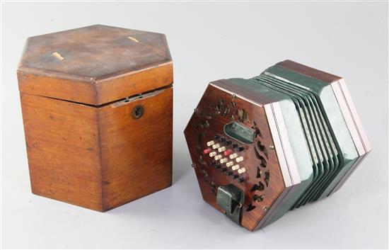 A Victorian rosewood concertina, height 7in.